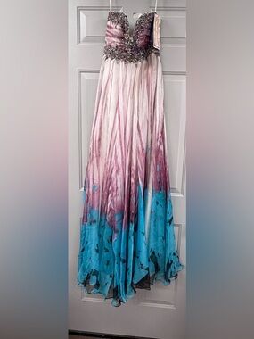 Strapless Ombre Beaded Evening Gown - Pink to Blue